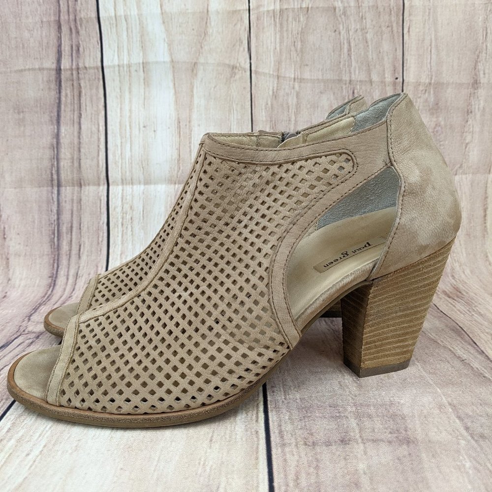 PAUL GREEN Tianna Ankle Bootie Tan Leather Peep Toe Laser Cut Lattice